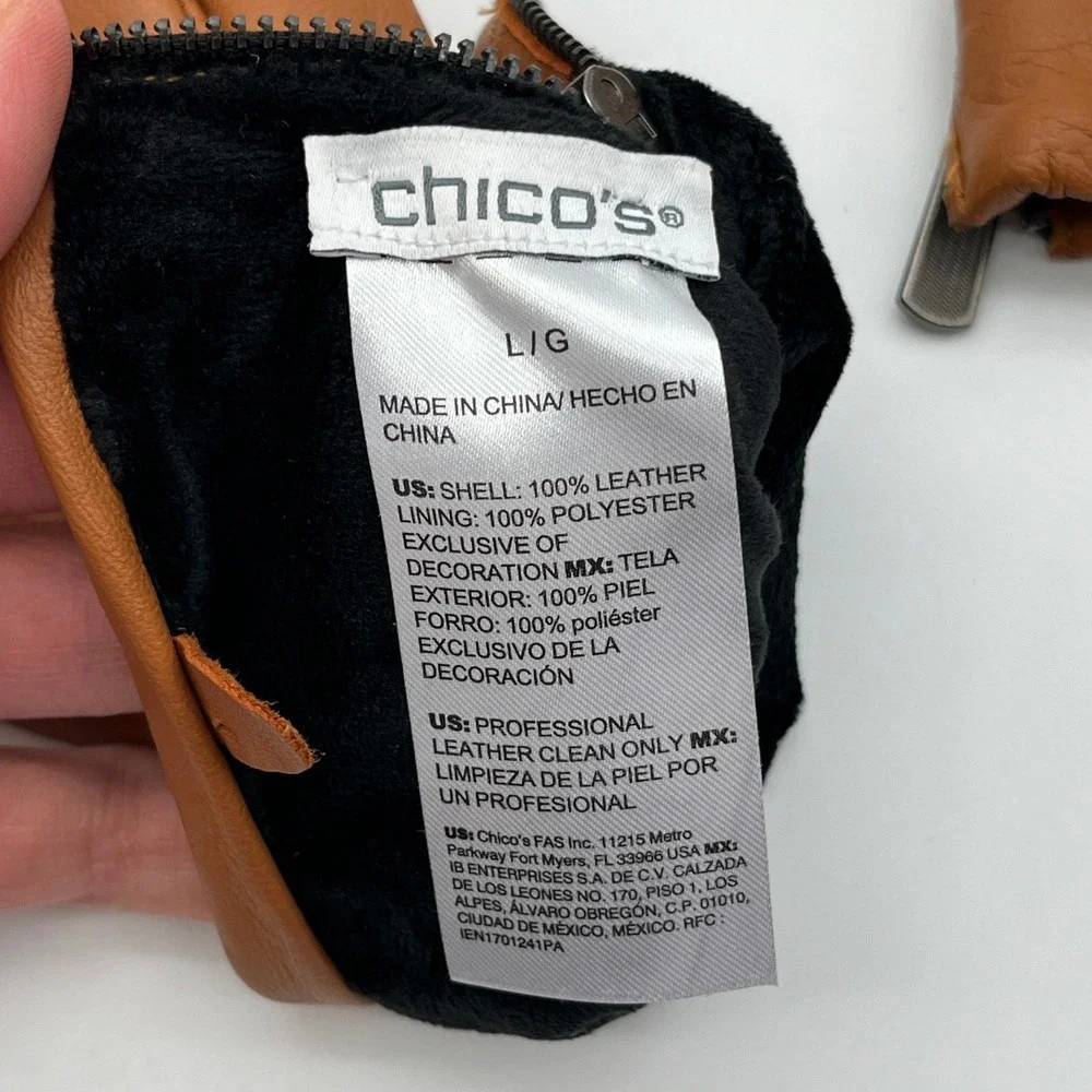 Chico's Gloves Women L/G Brown Leather Quilted Tech Friendly Zippered Moto Style